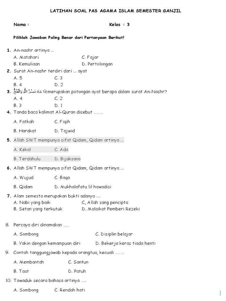 25 Soal Asesmen PAI dan BP Kelas 3 SD Semester 1 2025