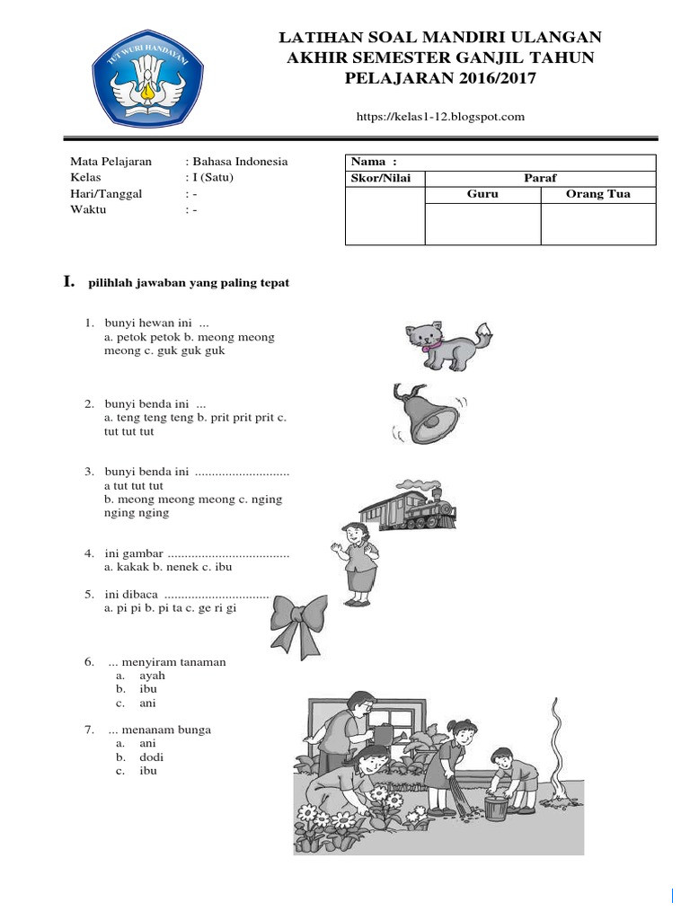 60 Soal dan Jawaban PTS Bahasa Indonesia Kelas 1 SD Semester 1 2025
